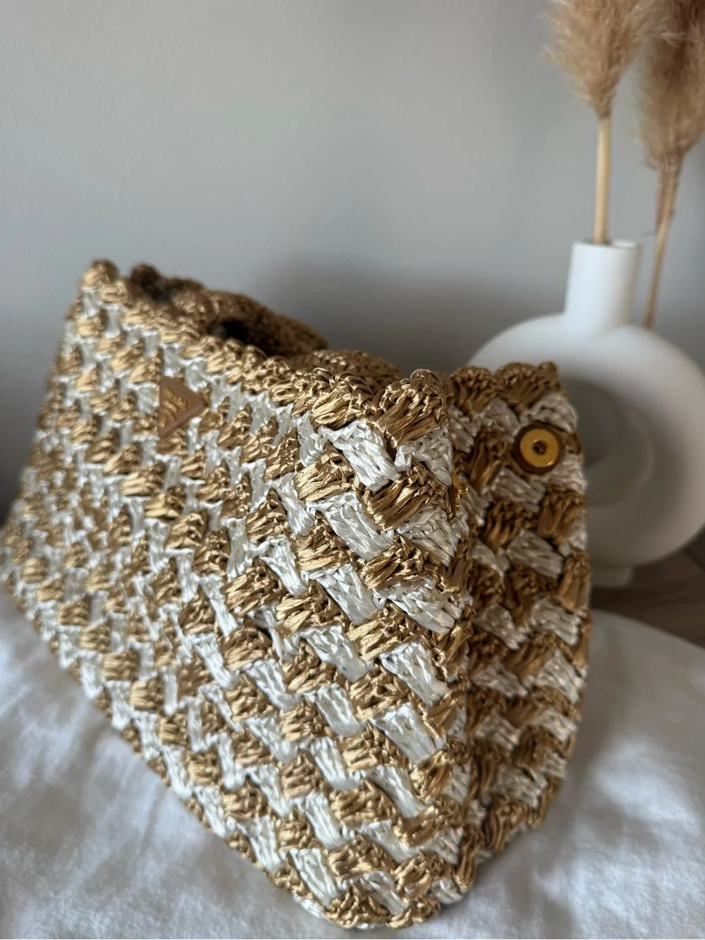 Prada Triangle Raffia Canapa Tote -  Gold & White